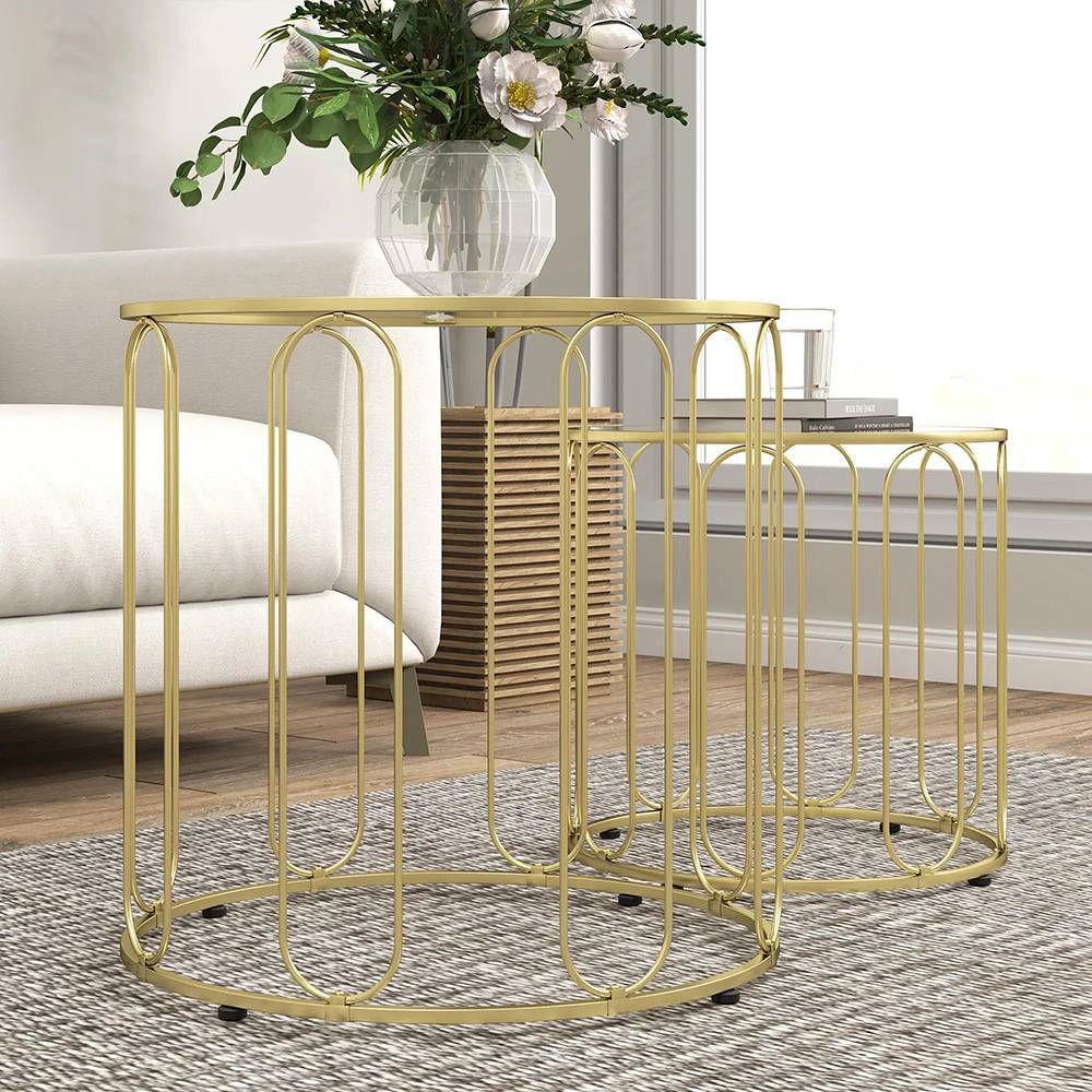 Lot de 2 tables basses gigognes rondes avec cadre en métal et plateau en verre trempé, ton doré - Image 4