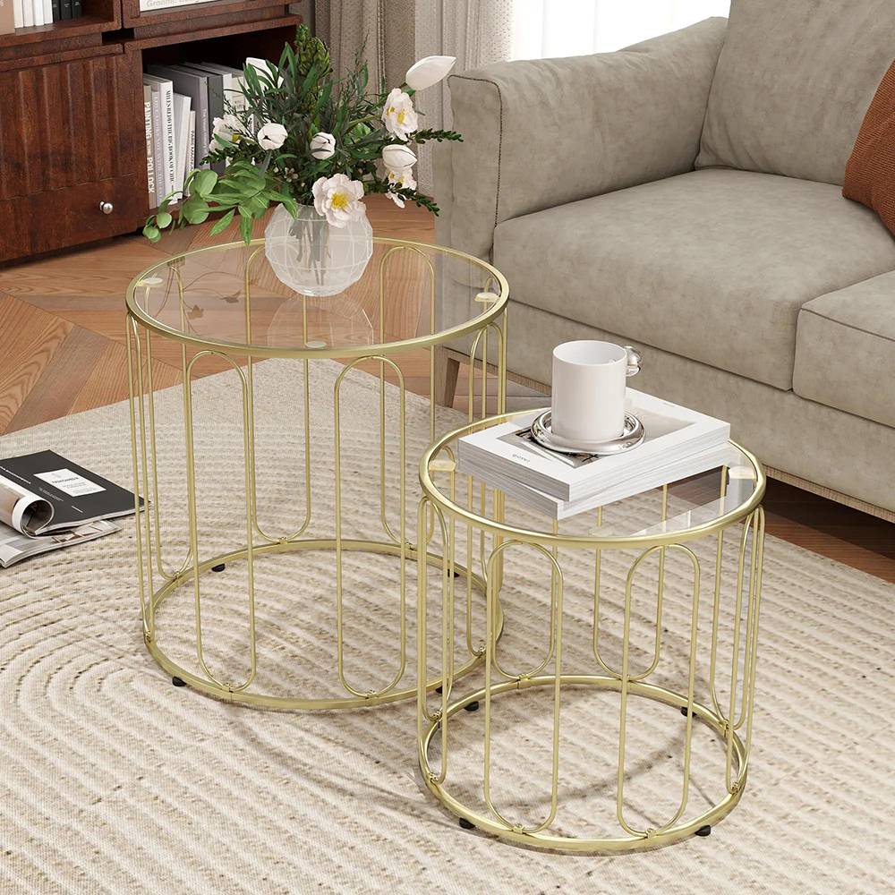 Lot de 2 tables basses gigognes rondes avec cadre en métal et plateau en verre trempé, ton doré - Image 3