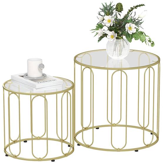 Lot de 2 tables basses gigognes rondes avec cadre en métal et plateau en verre trempé, ton doré - Image 6
