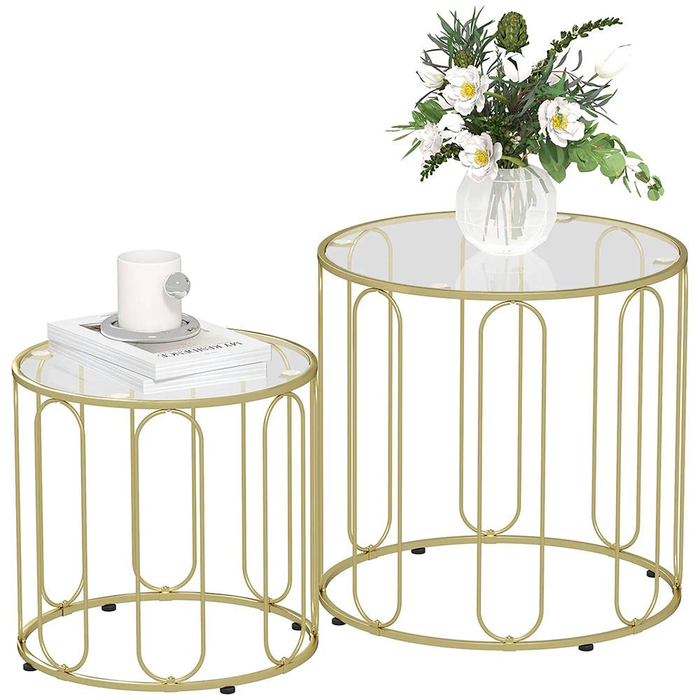 Lot de 2 tables basses gigognes rondes avec cadre en métal et plateau en verre trempé, ton doré - Image 6