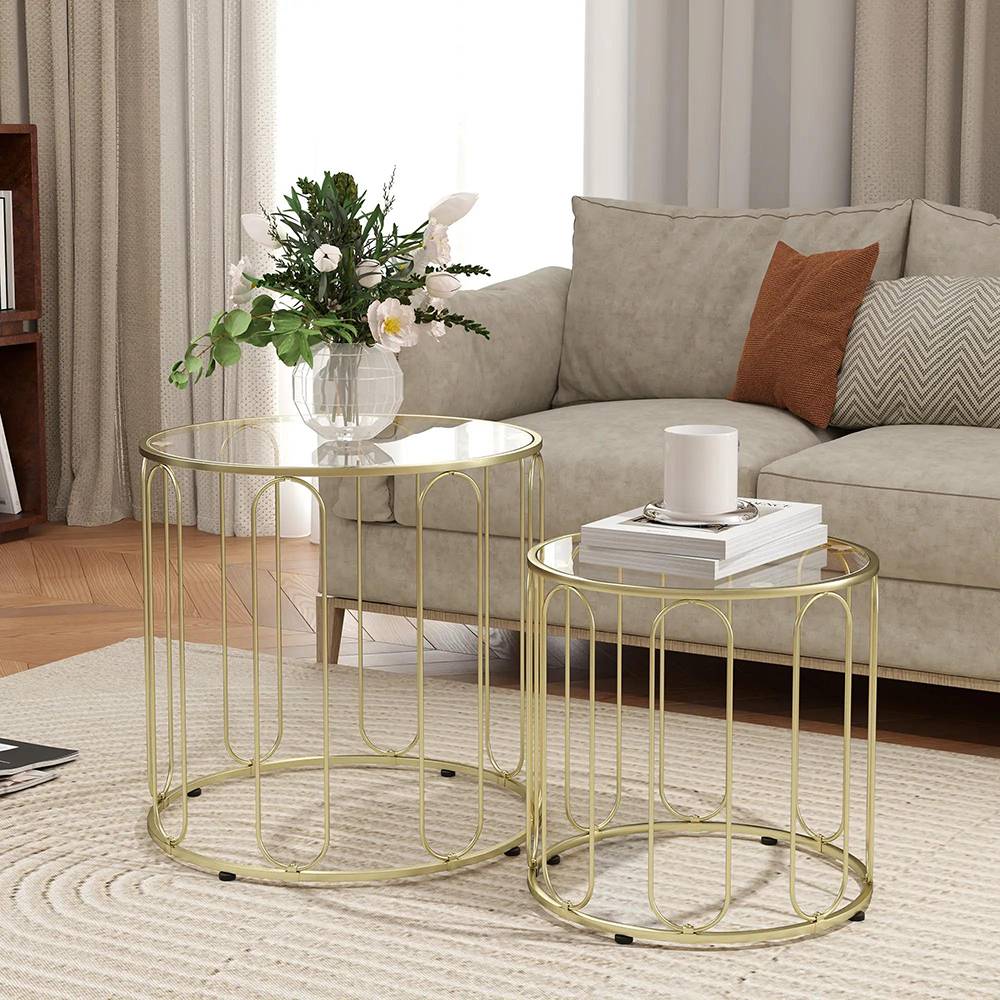 Lot de 2 tables basses gigognes rondes avec cadre en métal et plateau en verre trempé, ton doré - Image 2