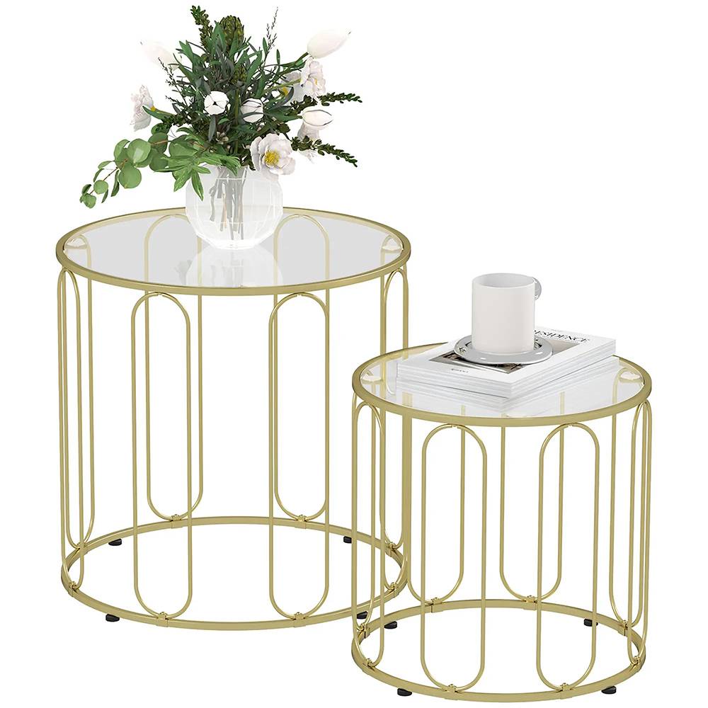 Lot de 2 tables basses gigognes rondes avec cadre en métal et plateau en verre trempé, ton doré - Image 1
