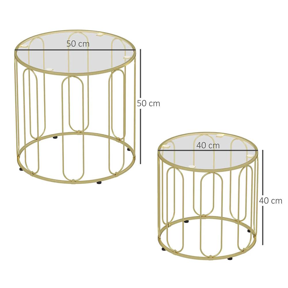 Lot de 2 tables basses gigognes rondes avec cadre en métal et plateau en verre trempé, ton doré - Image 5