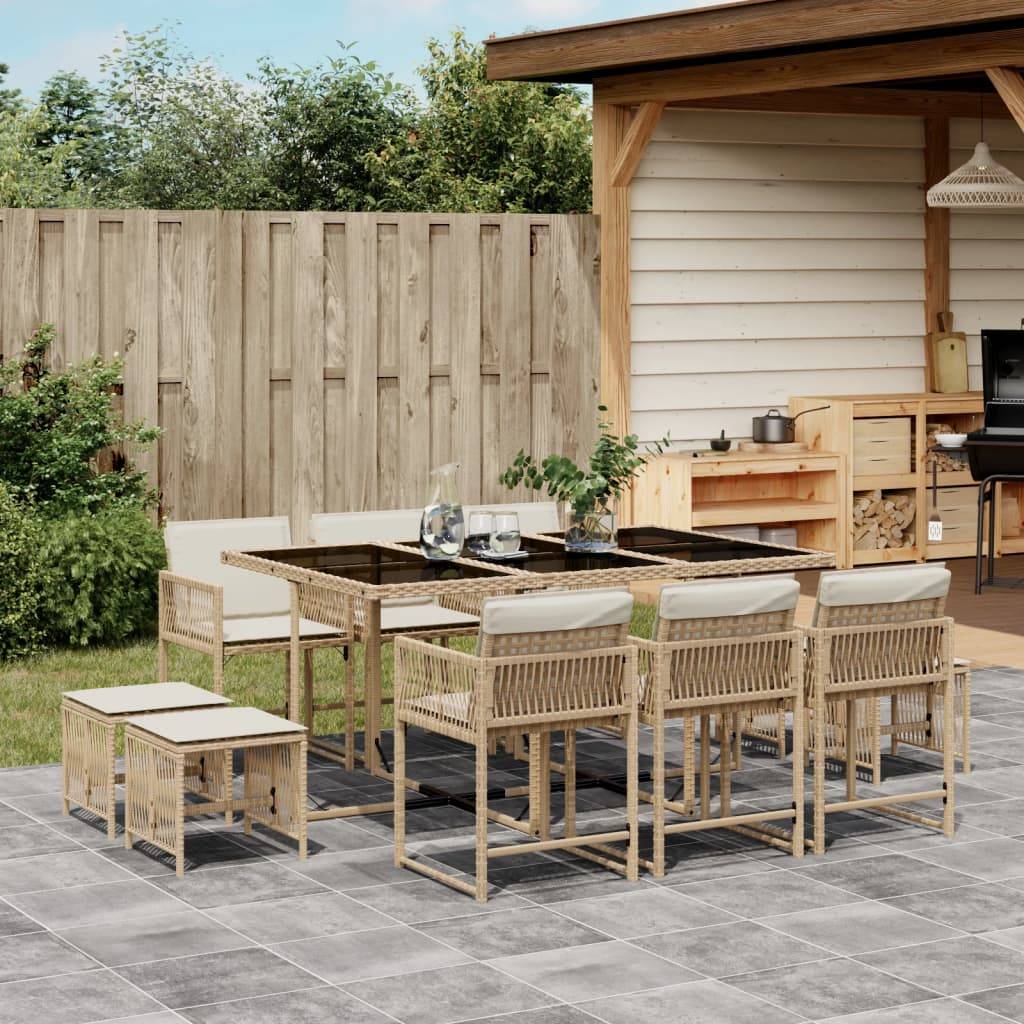 ComfortXL - Salon de Jardin Encastrable 11 Pièces Résine Tressée Table Verre 6 Chaises 4 Poufs Gain de Place Beige – ComfortXL Outdoor Living - Image 1