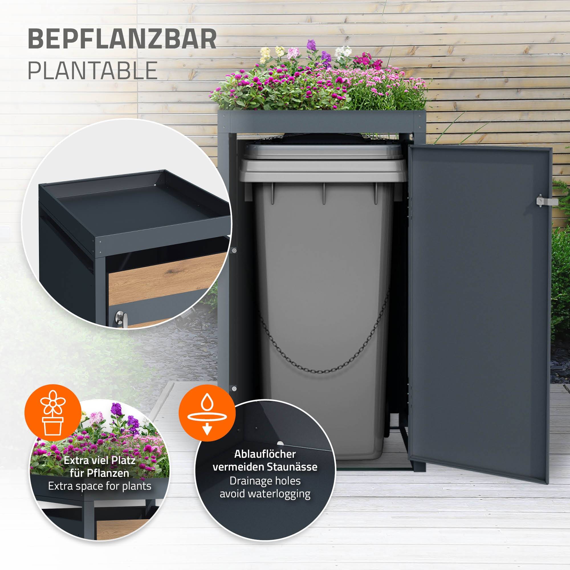 Abri pour 1 poubelle 68x80x124 cm capacité de 60L à 240L anthracite/aspect chêne en acier avec toit pour plantes et porte résistant aux intempéries - Image 6