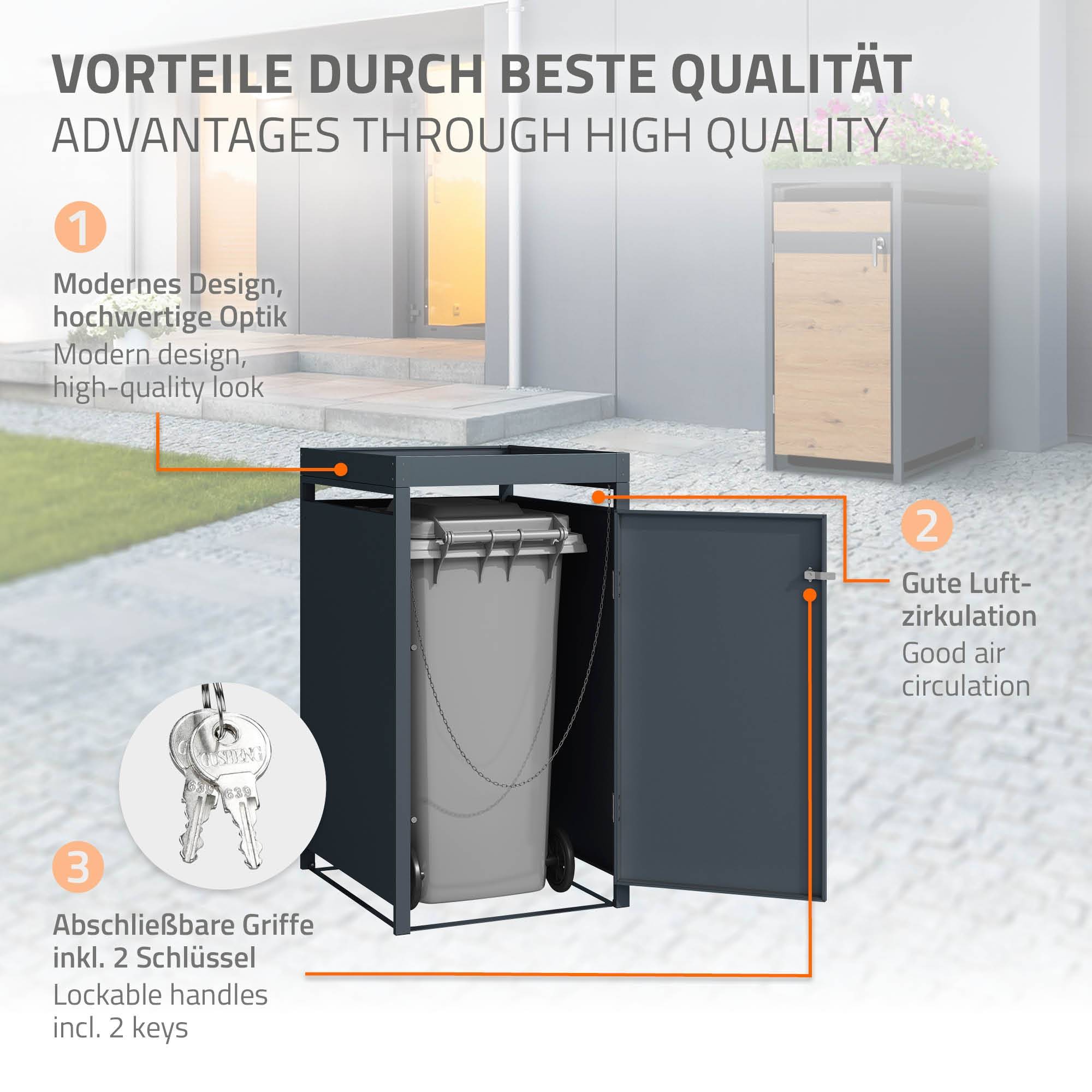 Abri pour 1 poubelle 68x80x124 cm capacité de 60L à 240L anthracite/aspect chêne en acier avec toit pour plantes et porte résistant aux intempéries - Image 4