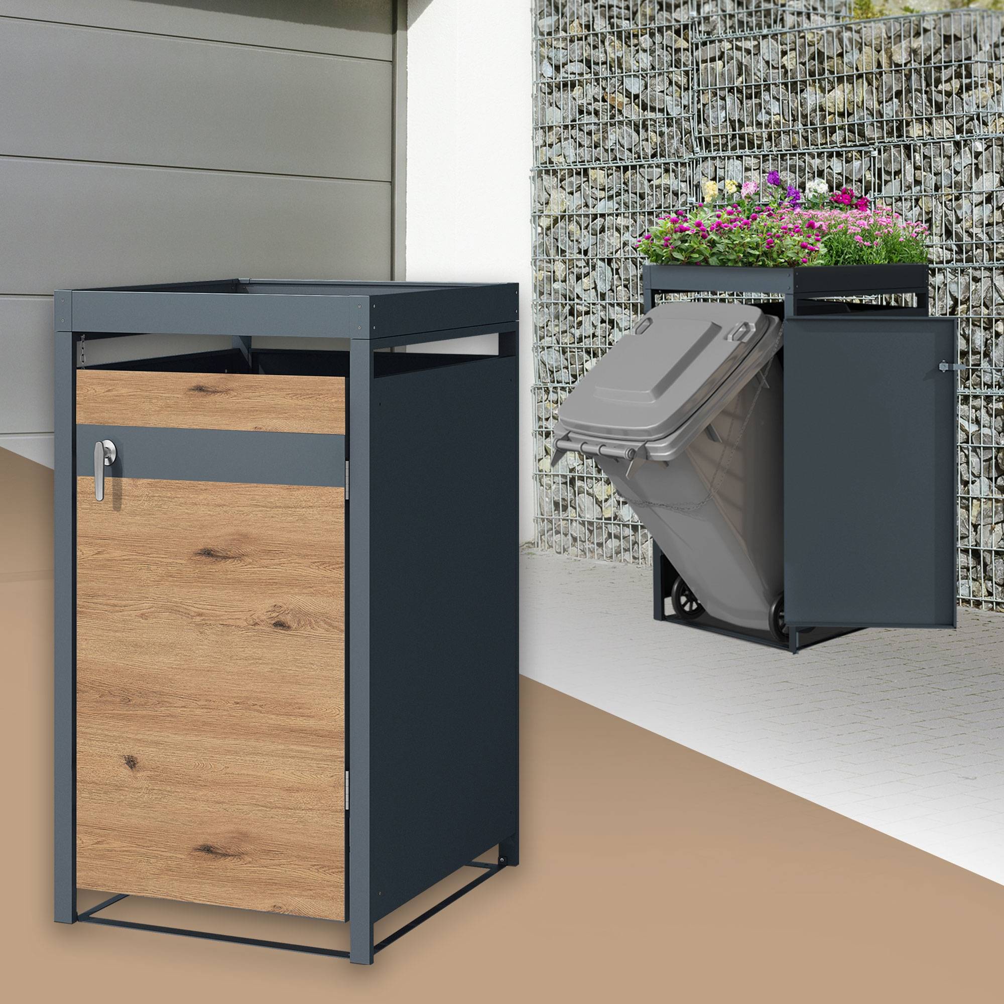 Abri pour 1 poubelle 68x80x124 cm capacité de 60L à 240L anthracite/aspect chêne en acier avec toit pour plantes et porte résistant aux intempéries - Image 2