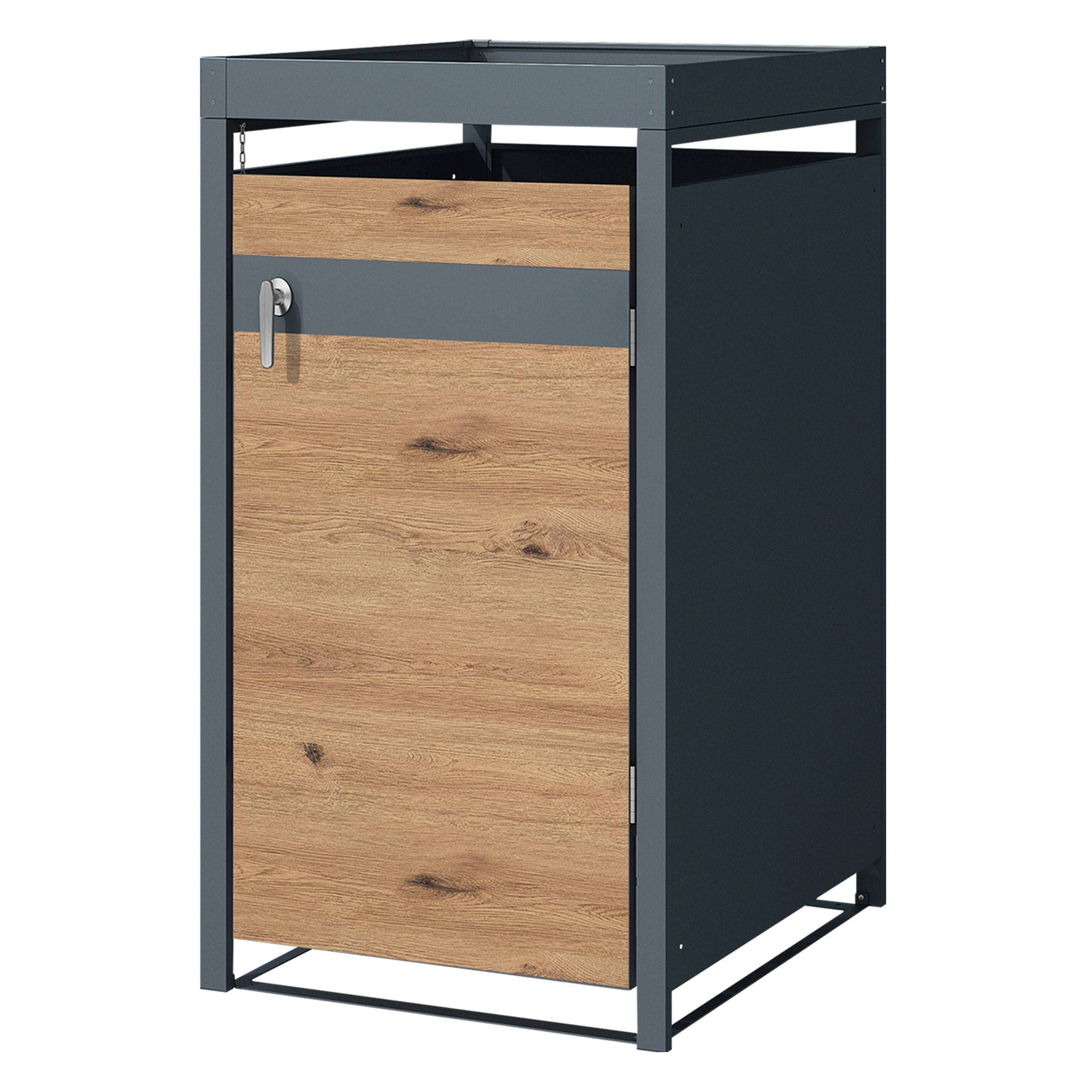 Abri pour 1 poubelle 68x80x124 cm capacité de 60L à 240L anthracite/aspect chêne en acier avec toit pour plantes et porte résistant aux intempéries - Image 1