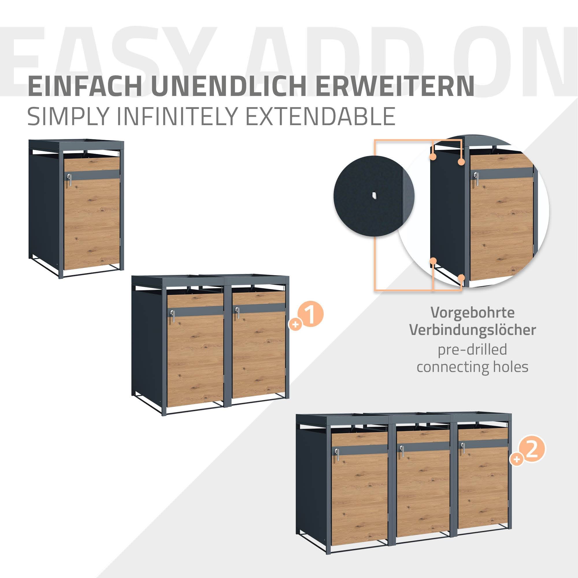 Abri pour 1 poubelle 68x80x124 cm capacité de 60L à 240L anthracite/aspect chêne en acier avec toit pour plantes et porte résistant aux intempéries - Image 8