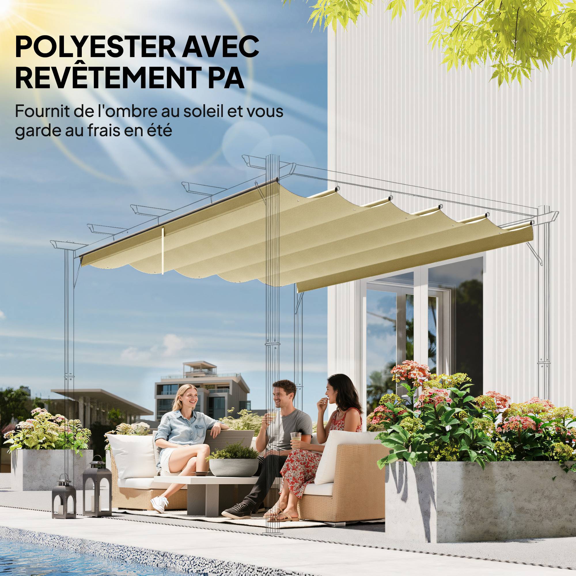 Toile de toit pour pergola tonnelle rétractable de 3 x 3 m - toile uniquement 250 x 255 cm beige - Image 7