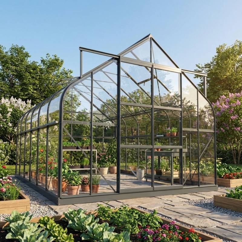 Serre de jardin 11m² en aluminium anthracite verre trempé 4mm avec embase Green Protect Comtesse - Image 1