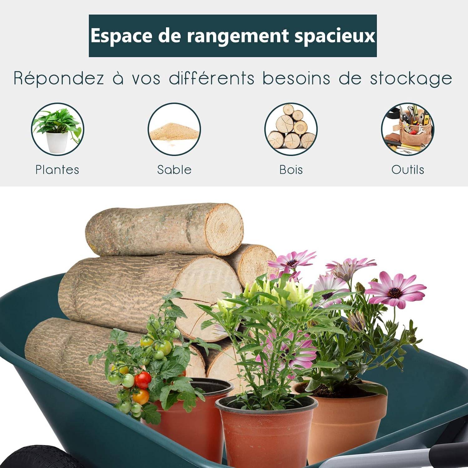 Costway - Brouette de Jardin 2 Roues Pneus Pneumatiques Ø35cm 75L Charge Max 100KG Résistante en Fer pour Jardinage/Maçonnerie Vert - Image 3