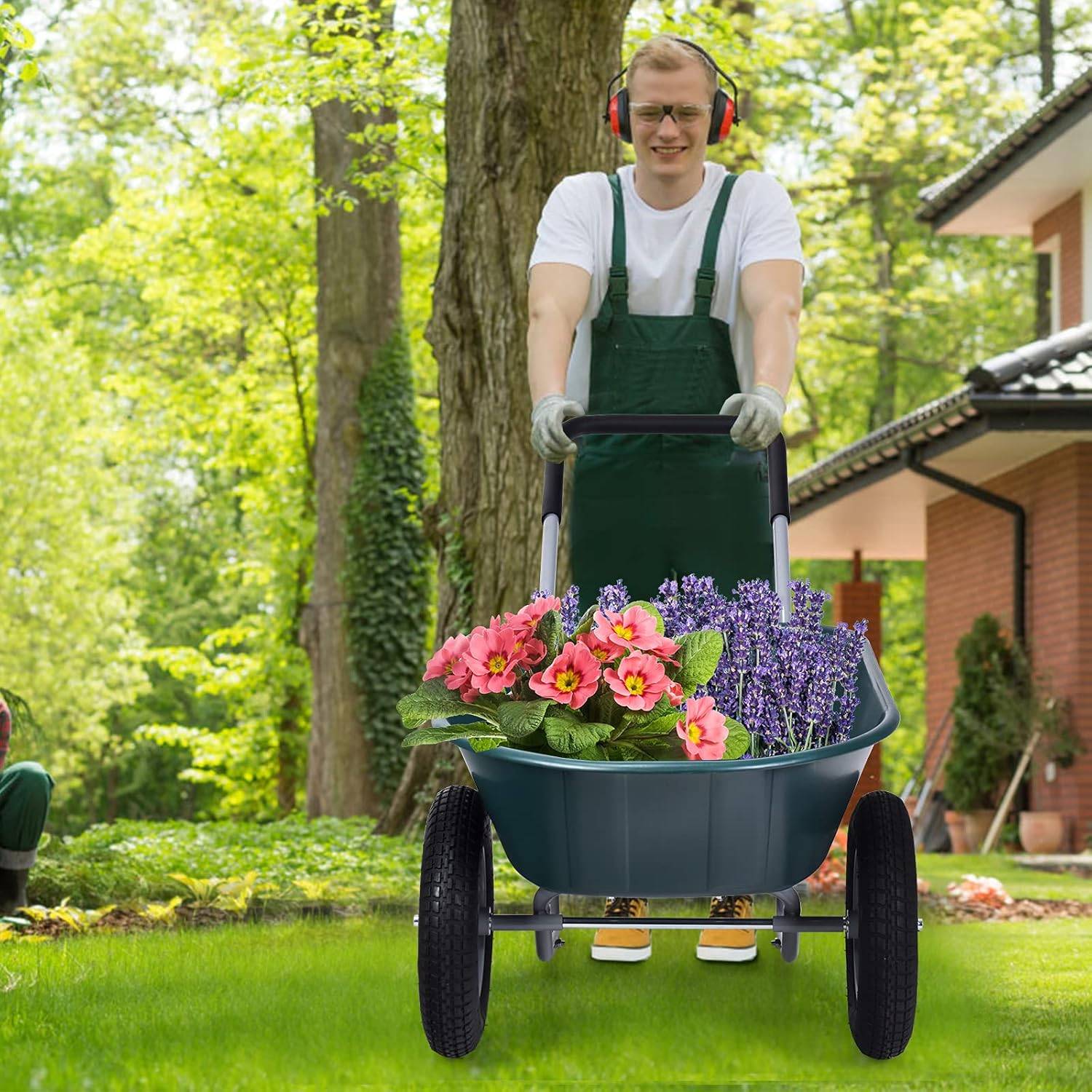 Costway - Brouette de Jardin 2 Roues Pneus Pneumatiques Ø35cm 75L Charge Max 100KG Résistante en Fer pour Jardinage/Maçonnerie Vert - Image 7