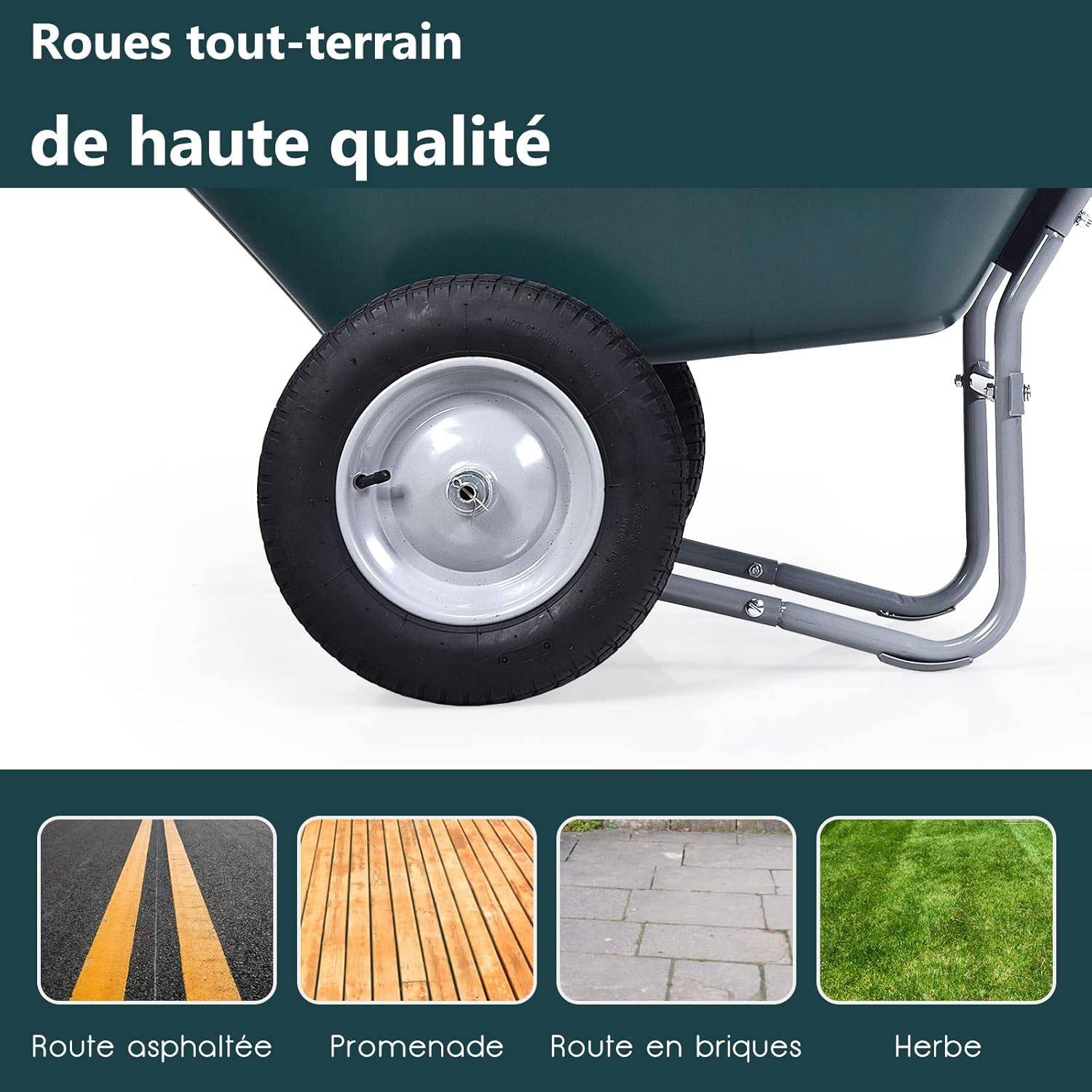 Costway - Brouette de Jardin 2 Roues Pneus Pneumatiques Ø35cm 75L Charge Max 100KG Résistante en Fer pour Jardinage/Maçonnerie Vert - Image 6