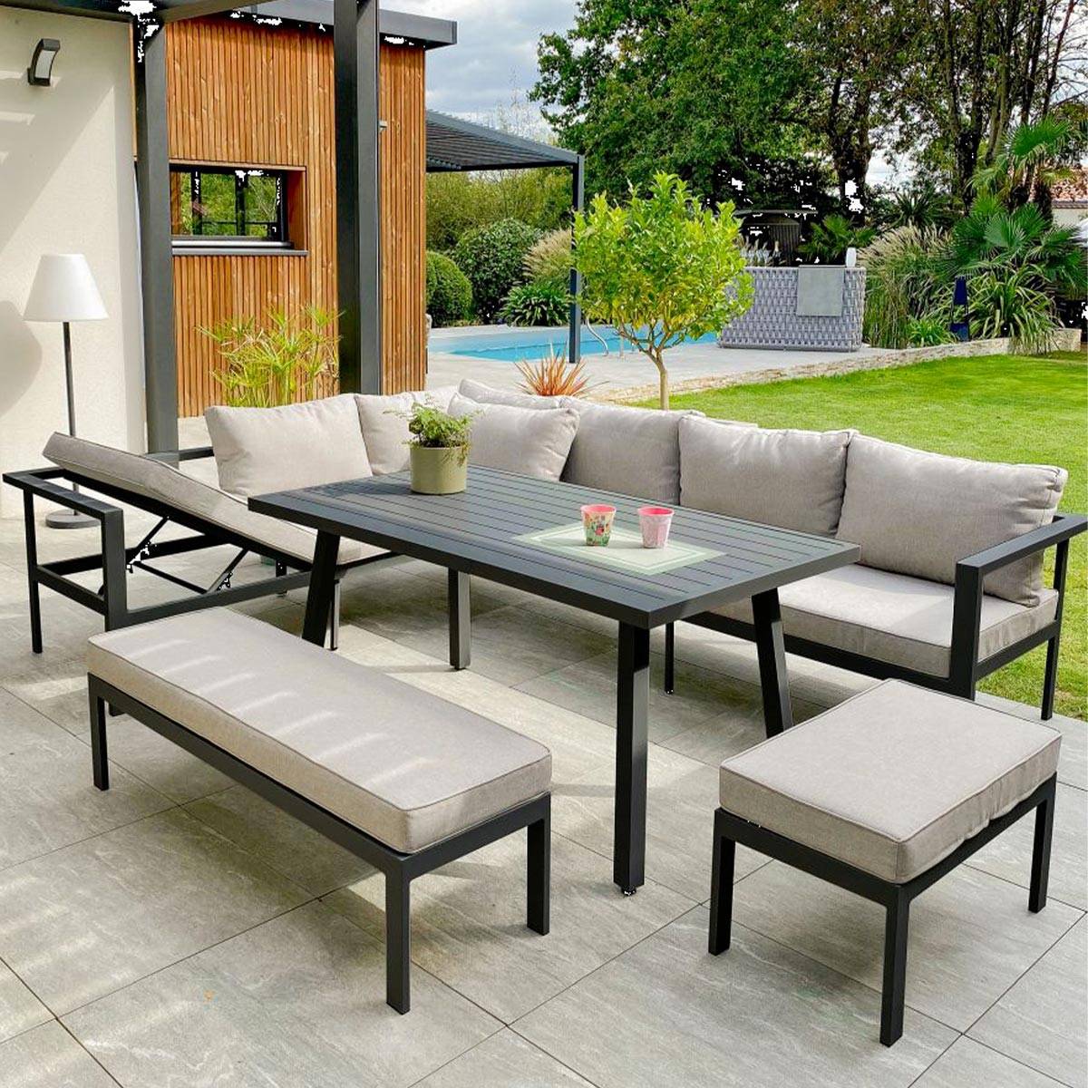 Dcb Garden - Ensemble repas de jardin 9 places en aluminium - Gris anthracite - ANTALYA - Image 5