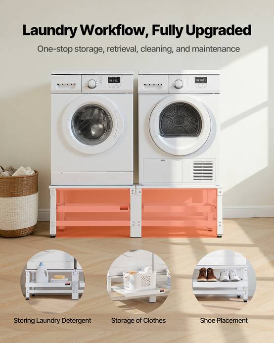Vevor - VEVOR Socle rehausseur lave-linge 37 cm, acier, charge 318 kg, lot de 2, pieds antidérapants et antivibrations, blanc. - Image 6
