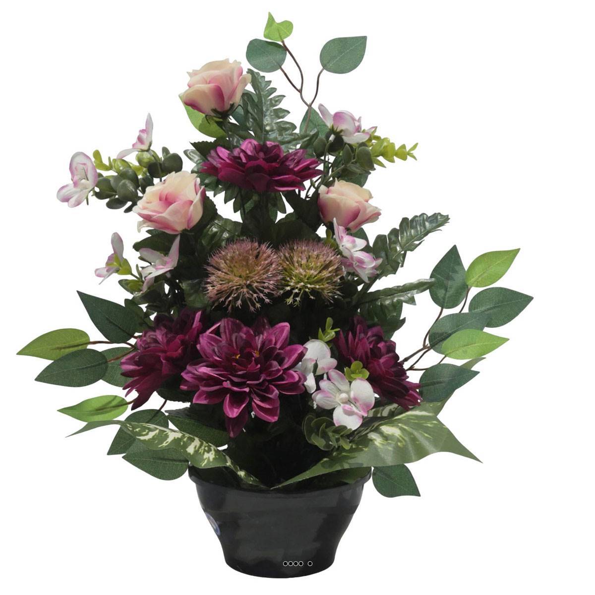 Artificielles - Vasque de Dahlia, Rose, Mini fleurs, Chardon et Ficus Pourpre artificiels - Toussaint - couleur: Pourpre - Image 2