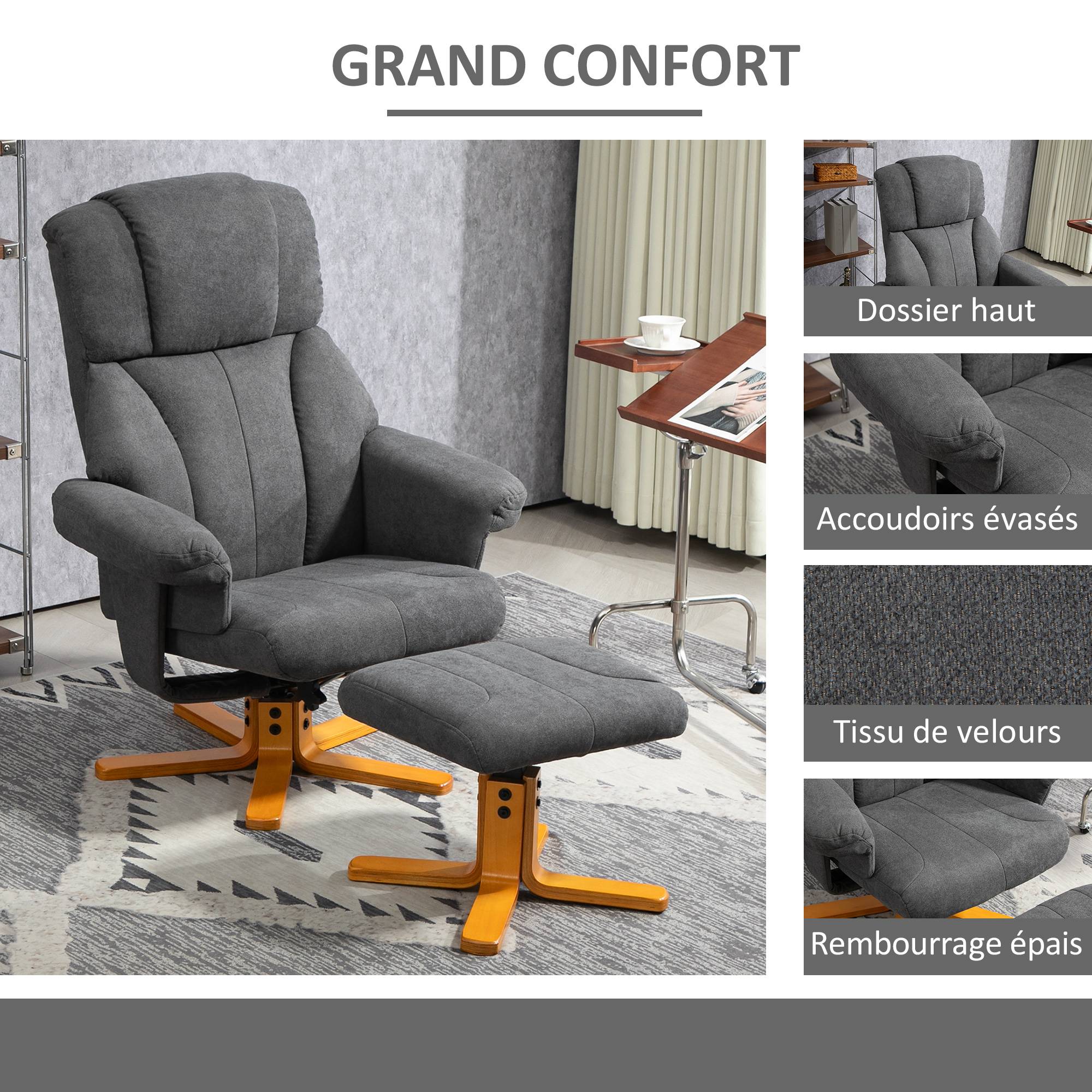 Sans Marque - Fauteuil relax avec repose-pied, fauteuil de relaxation, dossier inclinable, assise rembourrée, 79x80x104cm, gris foncé - Image 8