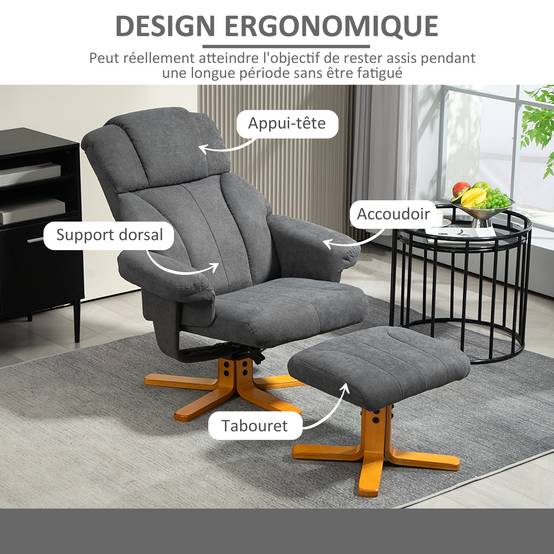 Sans Marque - Fauteuil relax avec repose-pied, fauteuil de relaxation, dossier inclinable, assise rembourrée, 79x80x104cm, gris foncé - Image 7