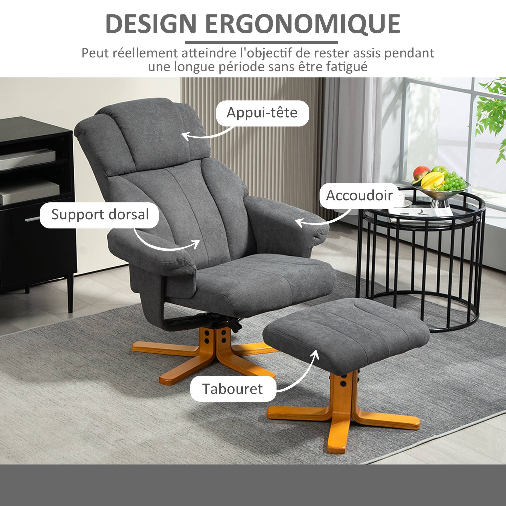 Sans Marque - Fauteuil relax avec repose-pied, fauteuil de relaxation, dossier inclinable, assise rembourrée, 79x80x104cm, gris foncé - Image 7