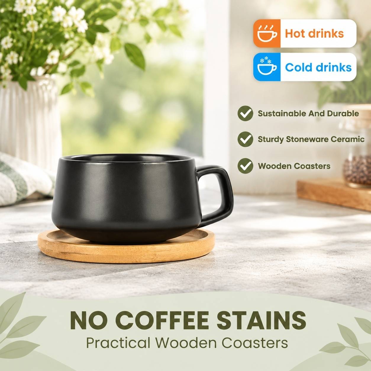 Set de 4 Tasses à Café en Céramique Mat avec Sous-tasses et Cuillères en Bois - Image 5
