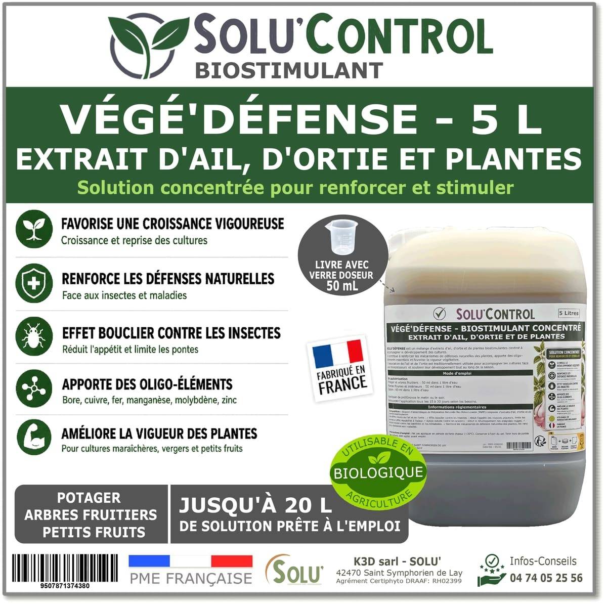 Tout pour les nuisibles - Biostimulant Concentré à l'Extrait d'Ail, d'Ortie et de Plantes Solu'Control Vége'Défense – 5 litres – Renforce les Défenses Naturelles des Plantes - Image 1