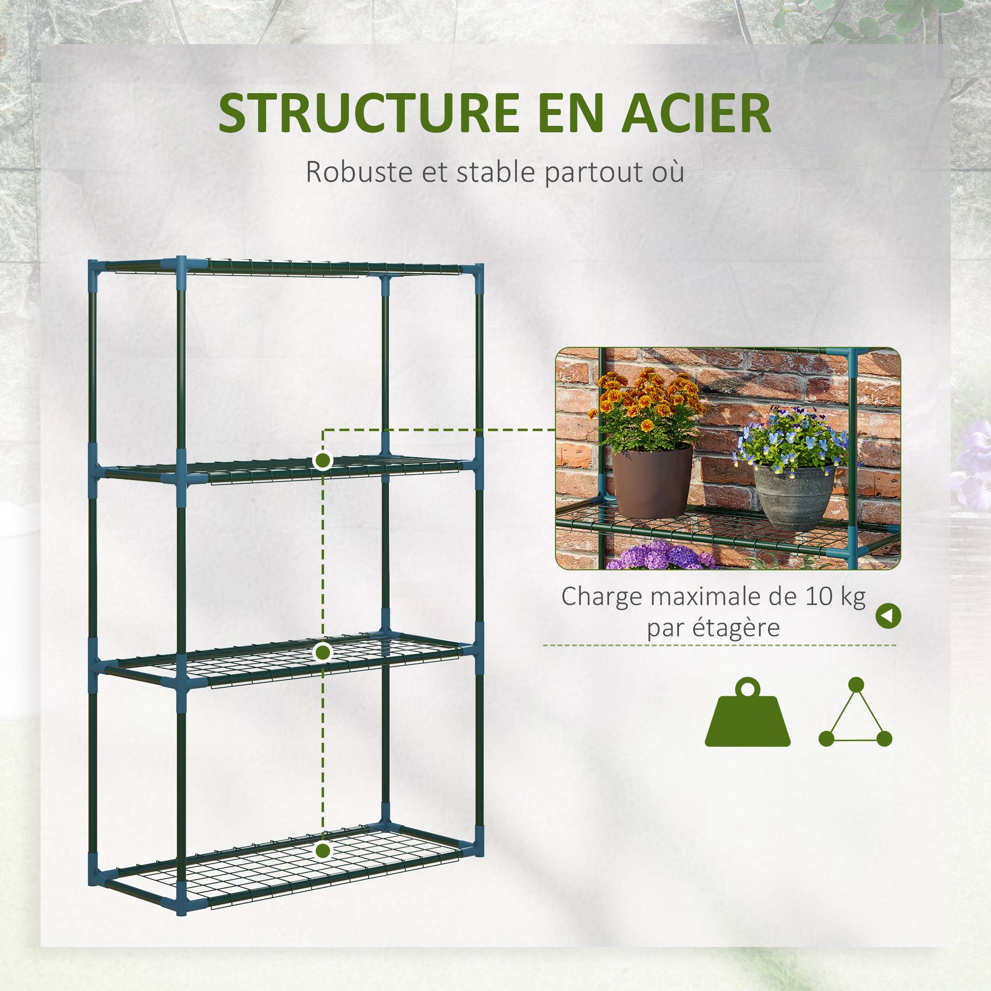 Sans Marque - Lot de 2 Étagères à Fleurs en acier 4 Niveaux Intérieur et Extérieur, support de plantes 70 x 27 x 110 cm, vert - Image 8