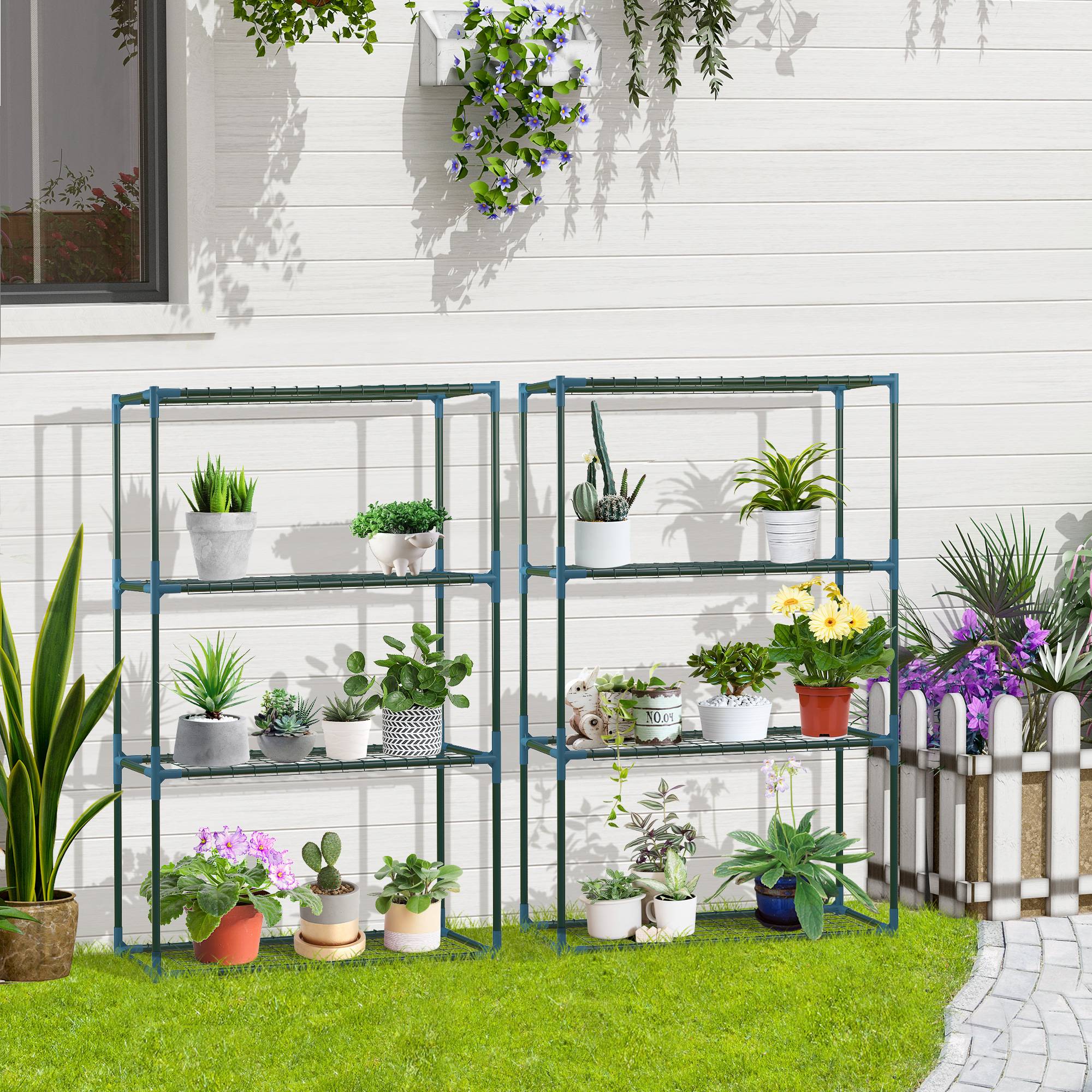 Sans Marque - Lot de 2 Étagères à Fleurs en acier 4 Niveaux Intérieur et Extérieur, support de plantes 70 x 27 x 110 cm, vert - Image 3