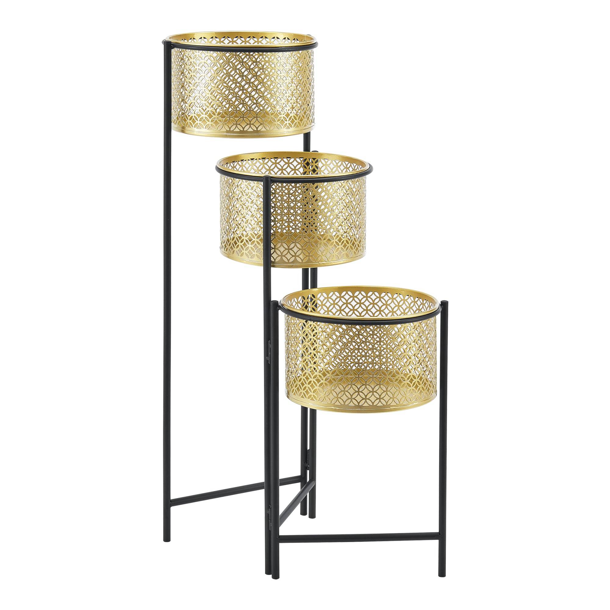 Helloshop26 - Support de plante (à 3 cache-pots) pliable noir laiton - Image 1