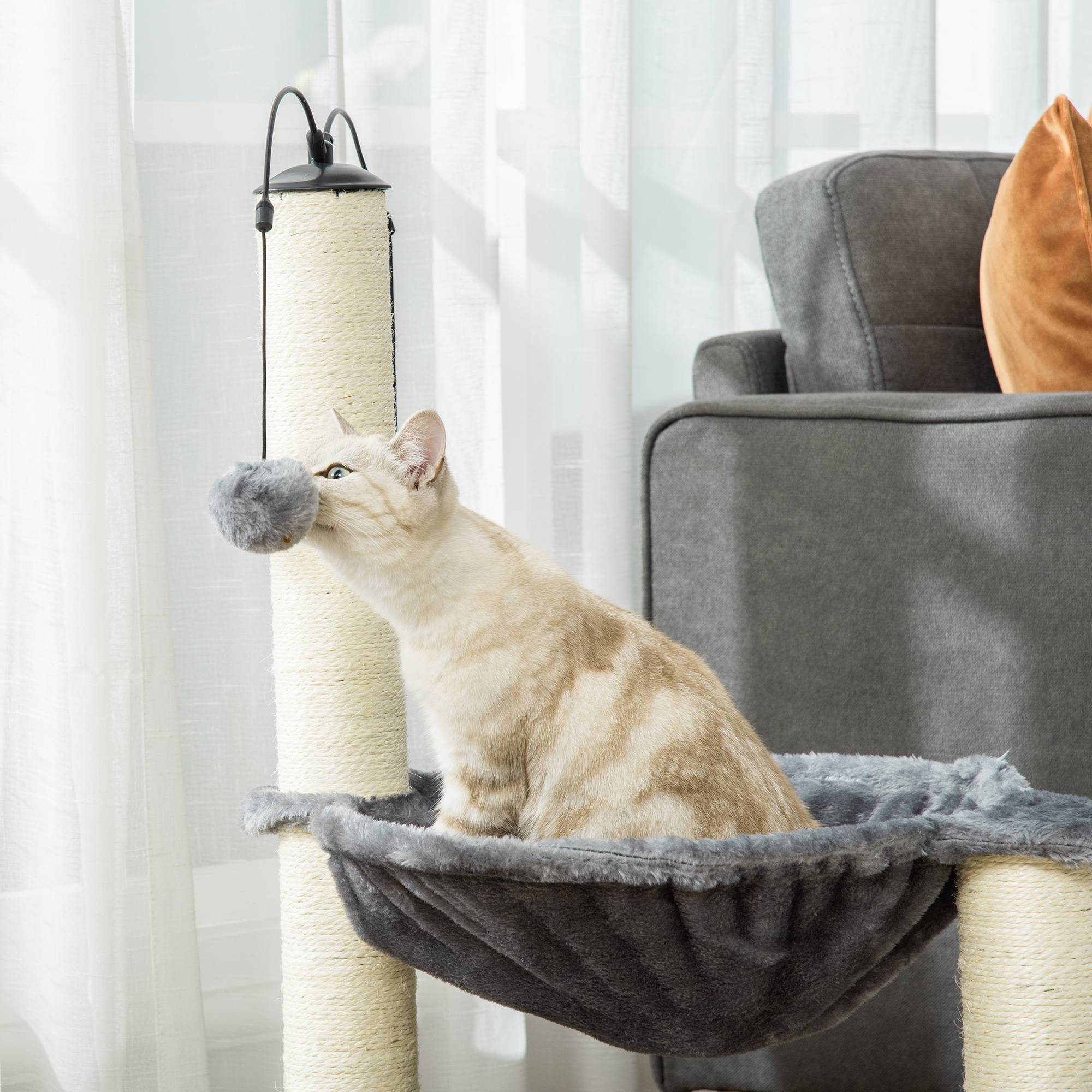 Pawhut - Arbre à chat 2 griffoirs grattoirs sisal naturel hamac jeu 2 boules suspendues peluche haute densité 400 g/m² gris - Image 9