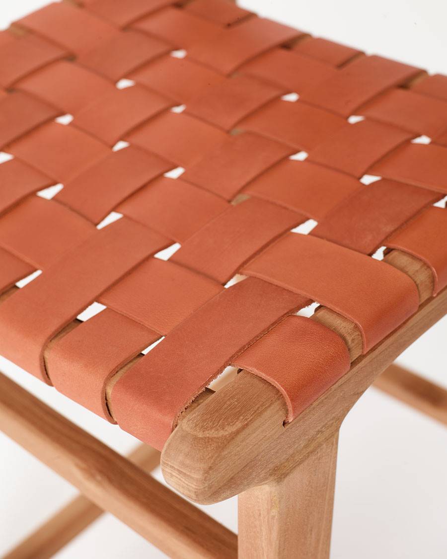 Ambra - Lot de 2 Chaise de bar en teck massif et cuir vachette tressé marron - UNIQKA - Image 8