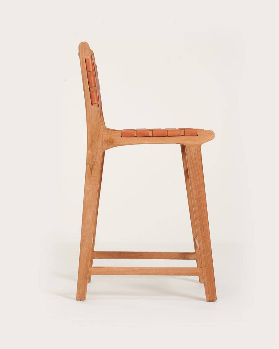 Ambra - Lot de 2 Chaise de bar en teck massif et cuir vachette tressé marron - UNIQKA - Image 4