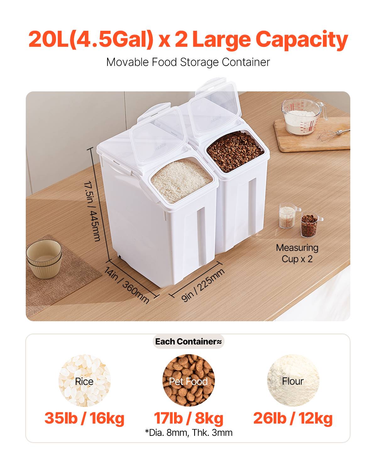 VEVOR Conteneur stockage riz 20L, 2pcs, hermétique, roulettes, tasse mesure, animal. - Image 2