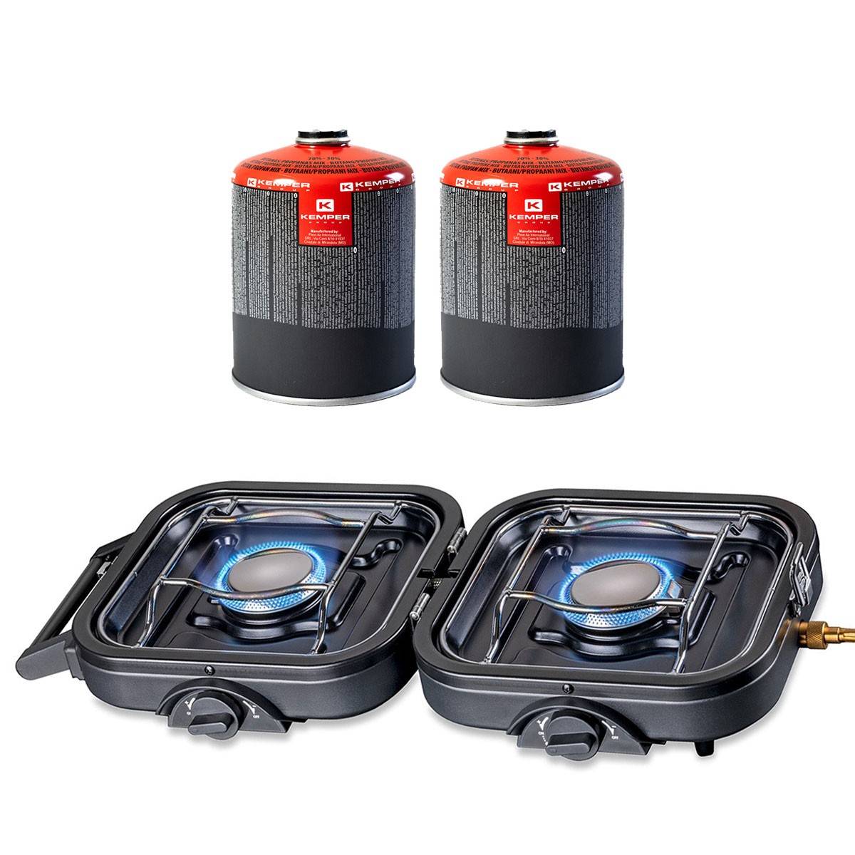 Réchaud gaz 2 feux 4600W pliable + 2 Cartouches de gaz KEMPER - Image 1