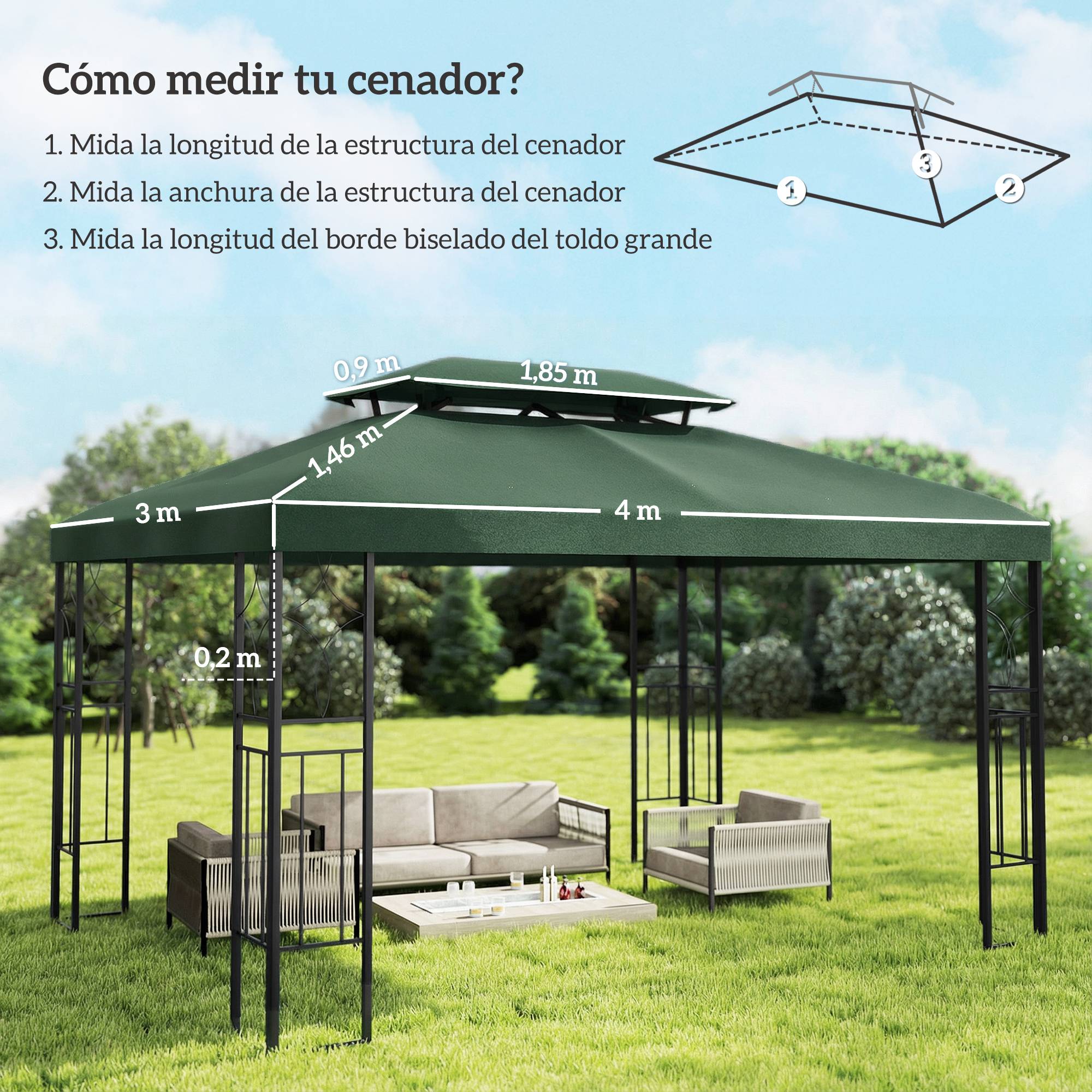 Toile de Rechange 4x3m Polyester pour Tonnelle Double Toit Anti-UV Couleur Vert - ComfortXL Outdoor Living - Image 5