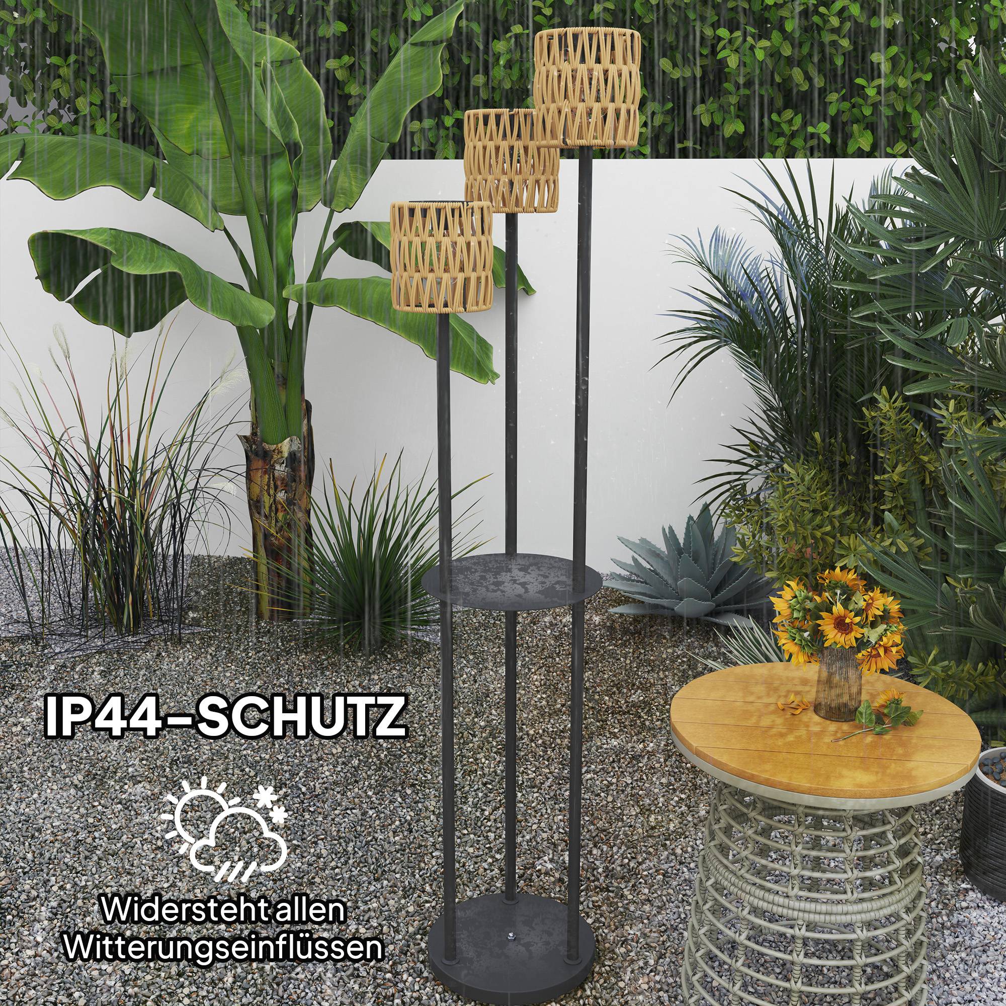 ComfortXL - Lampadaire Solaire Résine Tressée Jardin Étagère Intégrée 3 Lumières Ø37x144cm Naturel - ComfortXL Outdoor Living - Image 7