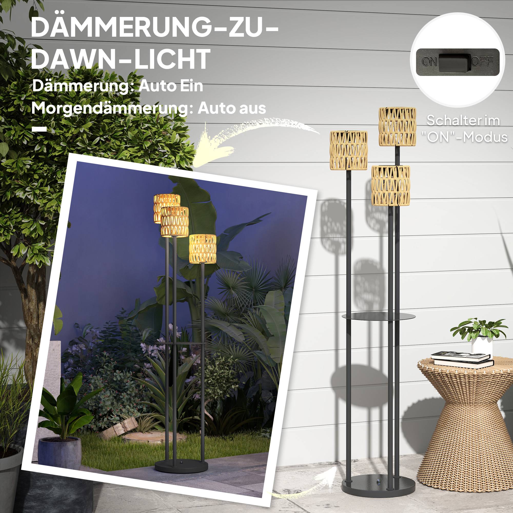 ComfortXL - Lampadaire Solaire Résine Tressée Jardin Étagère Intégrée 3 Lumières Ø37x144cm Naturel - ComfortXL Outdoor Living - Image 6