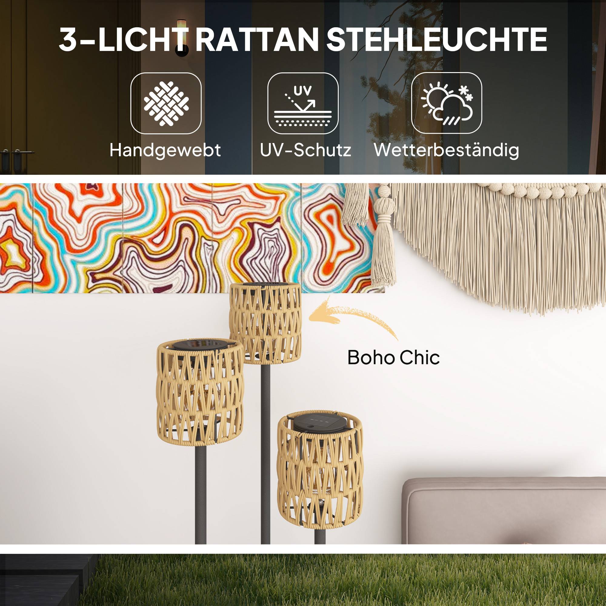 ComfortXL - Lampadaire Solaire Résine Tressée Jardin Étagère Intégrée 3 Lumières Ø37x144cm Naturel - ComfortXL Outdoor Living - Image 4