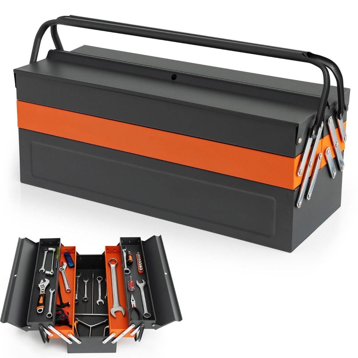 Helloshop26 - Boîte à outils pliable en métal à 5 plateaux coffre avec poignée pratique charge chaque plateau 10 kg pour atelier de réparation gris+orange - Image 1