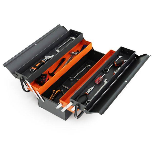 Helloshop26 - Boîte à outils pliable en métal à 5 plateaux coffre avec poignée pratique charge chaque plateau 10 kg pour atelier de réparation gris+orange - Image 2