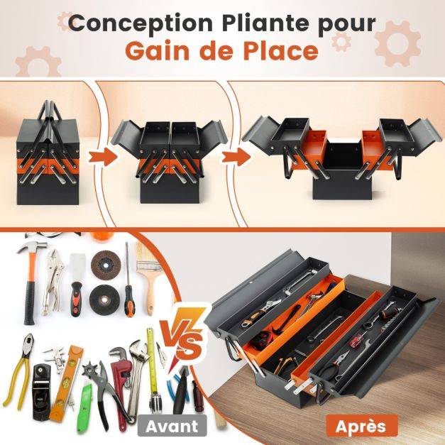 Helloshop26 - Boîte à outils pliable en métal à 5 plateaux coffre avec poignée pratique charge chaque plateau 10 kg pour atelier de réparation gris+orange - Image 3