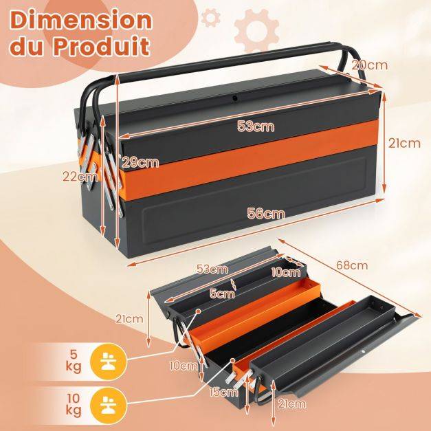 Helloshop26 - Boîte à outils pliable en métal à 5 plateaux coffre avec poignée pratique charge chaque plateau 10 kg pour atelier de réparation gris+orange - Image 4