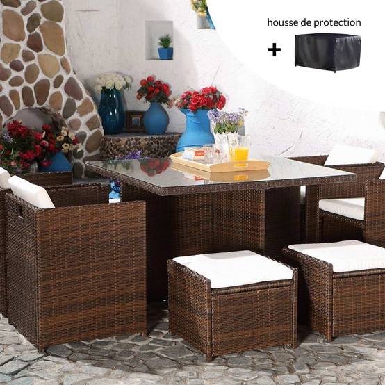 Salon de jardin 8 places marron-blanc + housse de protection MIAMI - Image 1