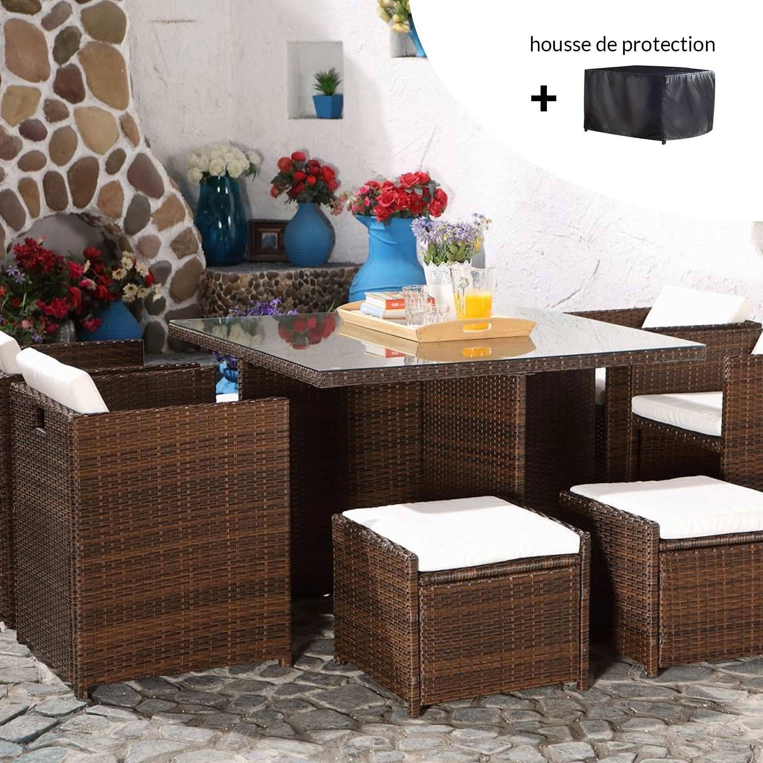 Salon de jardin 8 places marron-blanc + housse de protection MIAMI - Image 1