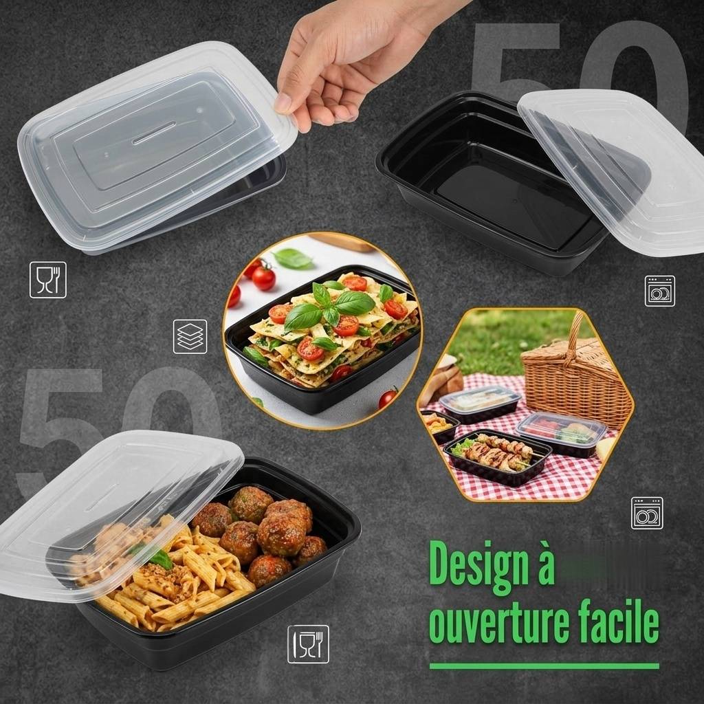 50 contenants 900 ml, couvercles, passe au micro-ondes, lave-vaisselle, congélateur - Image 5