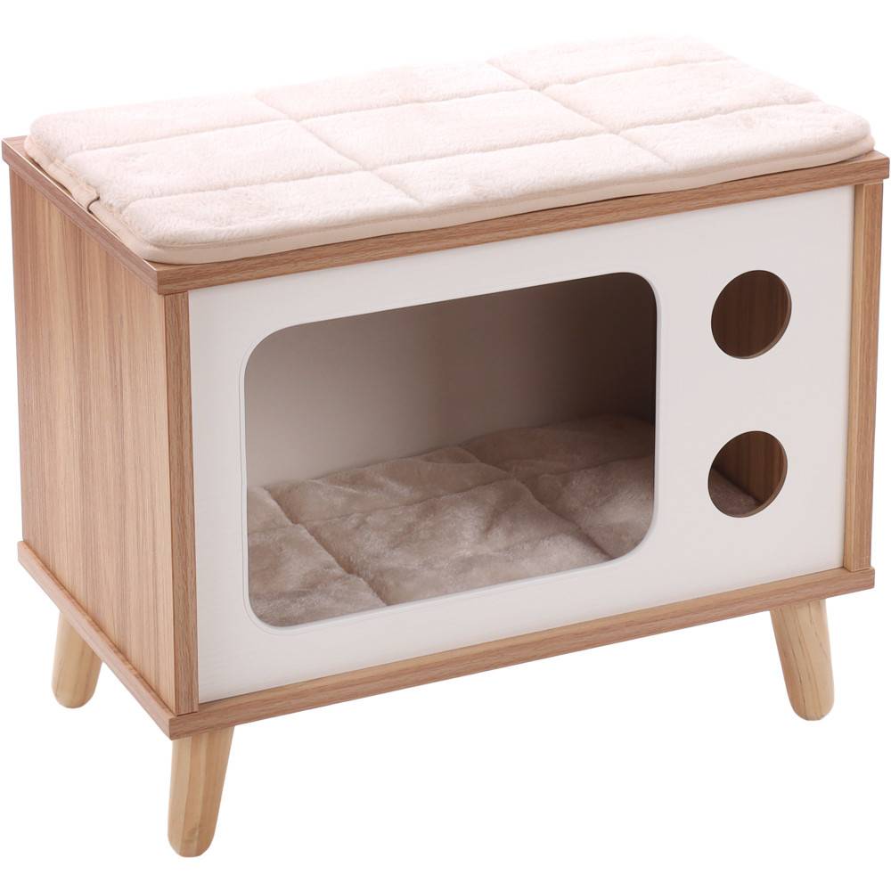 Meuble TV Fino Blanc & Brun & Naturel,50 x 29 x 41H pour chat - Image 1