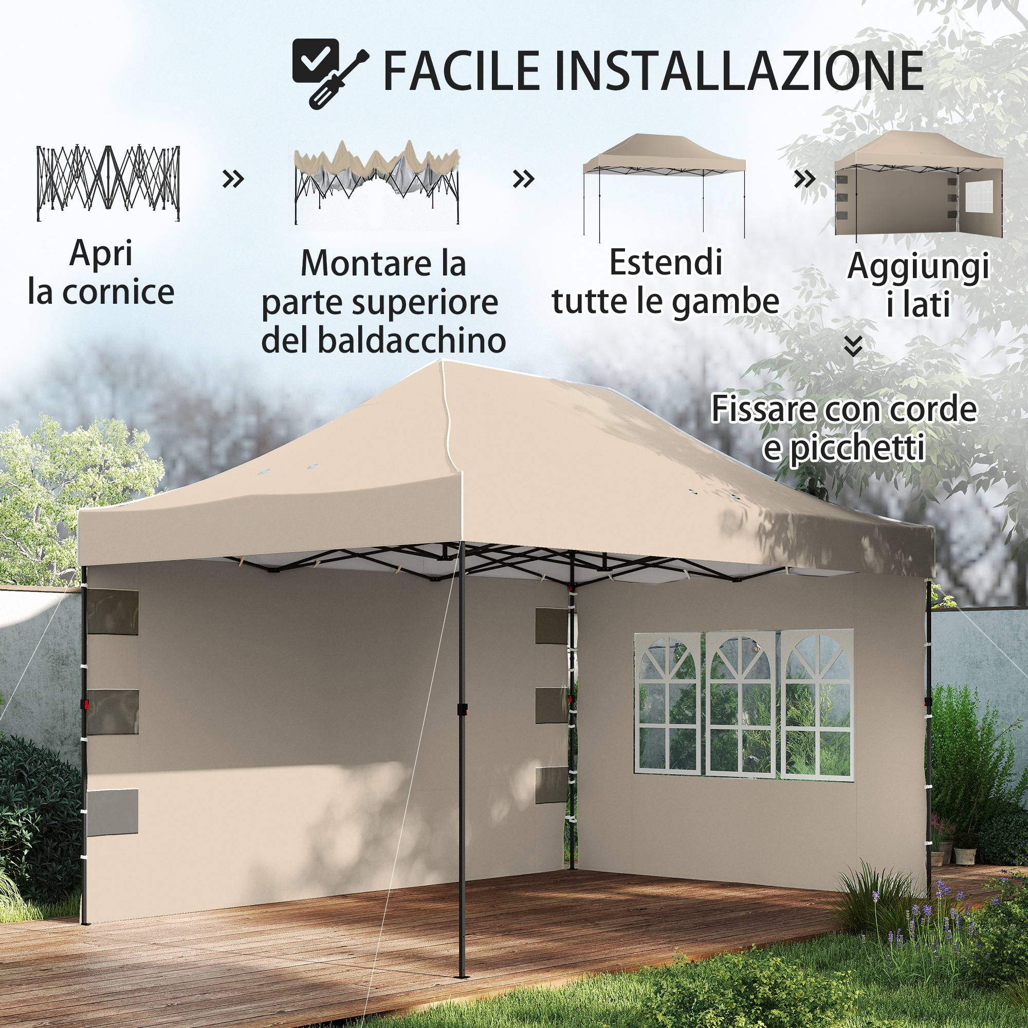 Tonnelle pliante avec parois latérales et fenêtres, 2,9 x 4,3 m, métal et toile Oxford, marron sable - Image 9