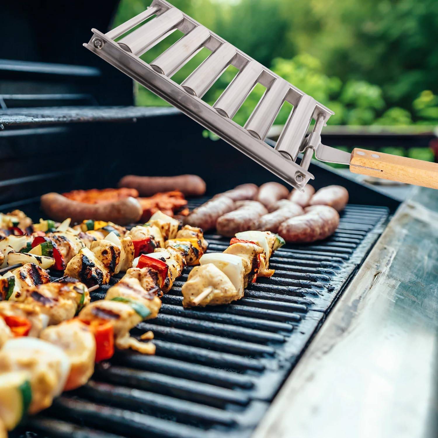2 rouleaux à hot-dogs avec manche en bois, 8 brochettes, acier inoxydable, 17 x 18,5 cm-Lytech - Image 5