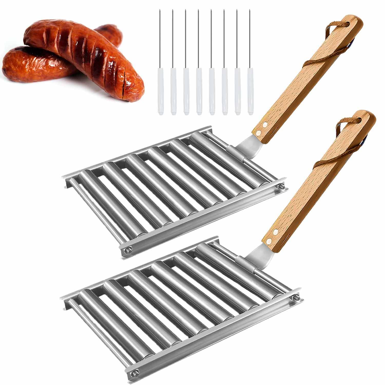 2 rouleaux à hot-dogs avec manche en bois, 8 brochettes, acier inoxydable, 17 x 18,5 cm-Lytech - Image 1