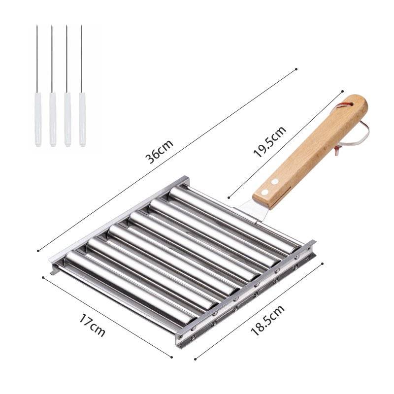 2 rouleaux à hot-dogs avec manche en bois, 8 brochettes, acier inoxydable, 17 x 18,5 cm-Lytech - Image 2